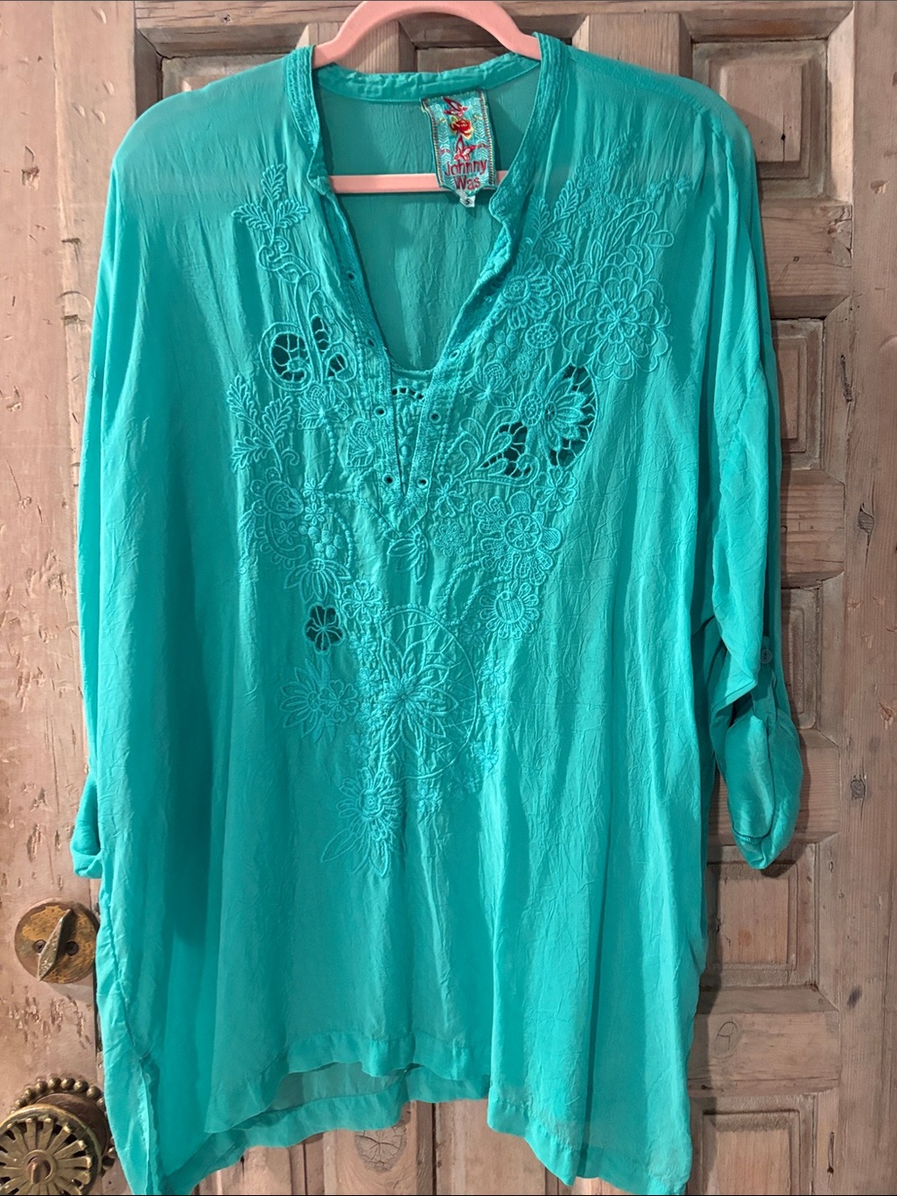 Johnny Was Teal Floral Embroidered V-Neck Tunic